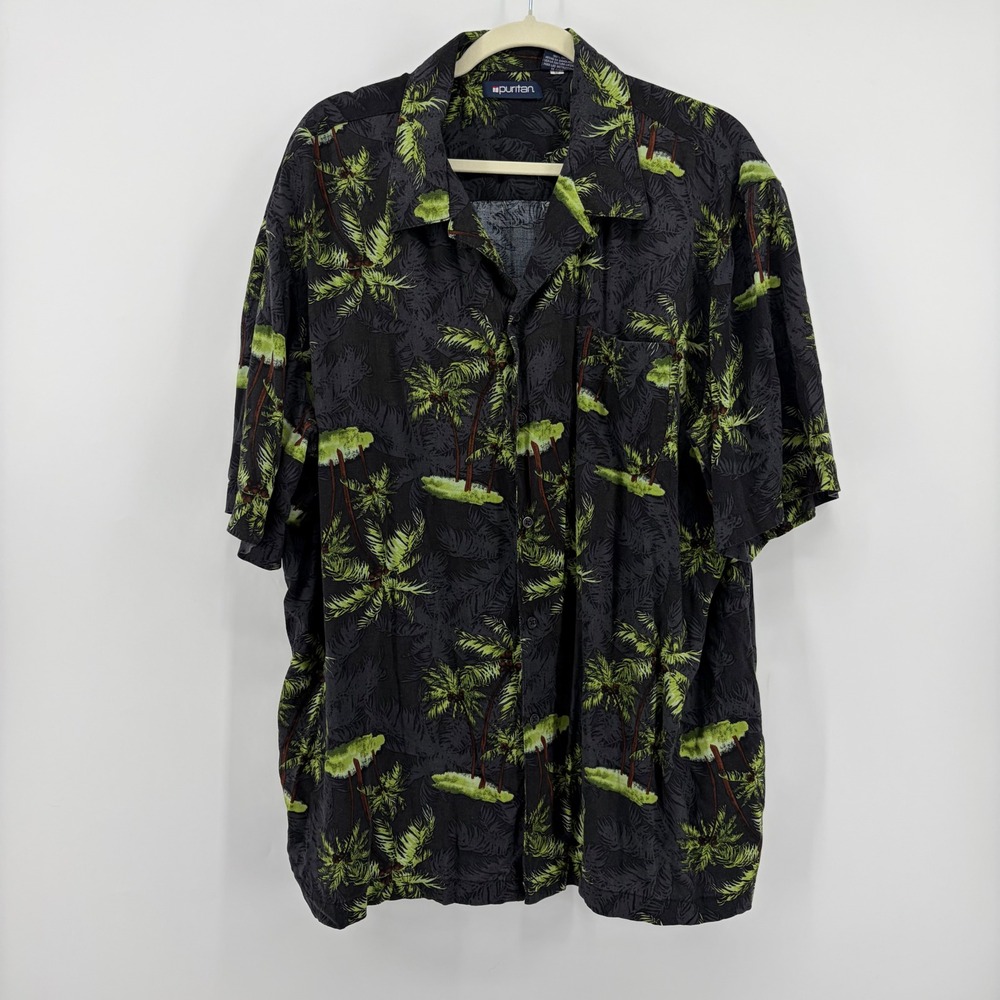 Puritan XL‎ Black Green Palm Tree Rayon Short Sleeve Hawaiian Button Up Shirt